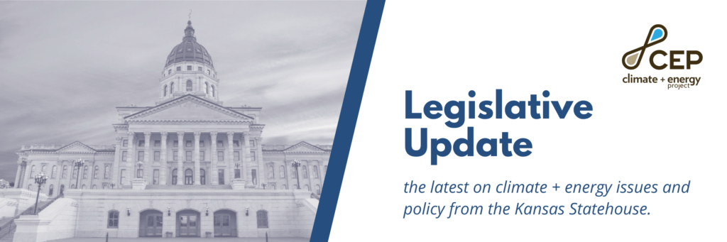 Gray scale photo of Banner featuring Kansas State Capitol Building on left with the words "Legislative Update - the latest on climate + energy issues and policy from the Kansas Statehouse", divided by a gray-blue diagonal line.